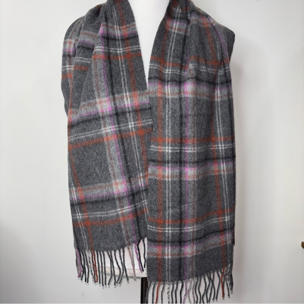 Louisa Perini 100% Cashmere Scarf Fringe Gray Pink Orange Plaid